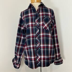 Women's Tartan Plaid Blue Red White Long Sleeves Collar Shirt size M (134)